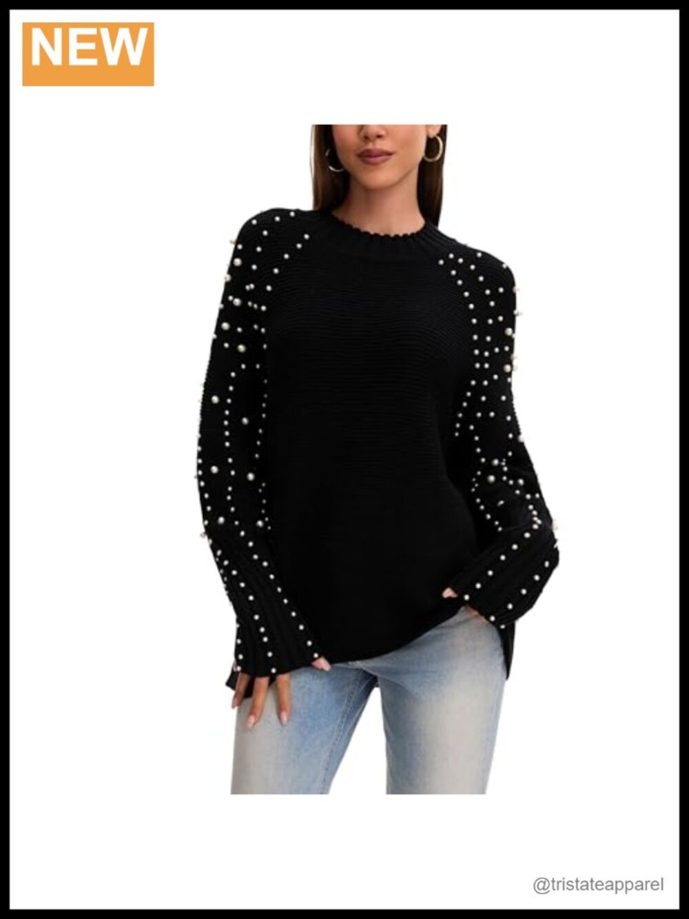 Chunky Knit Oversized Drop Shoulder Sweater with Pearls
